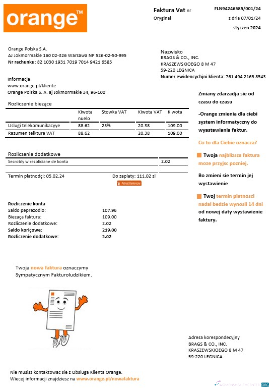 Download Poland Orange business utility bill template in Word and PDF formats Photoshop template